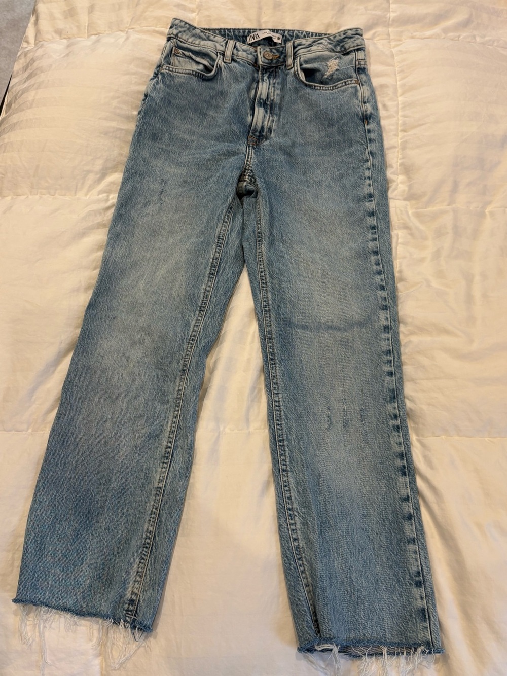 Zara Light Blue Straight-Leg Jeans with raw hem